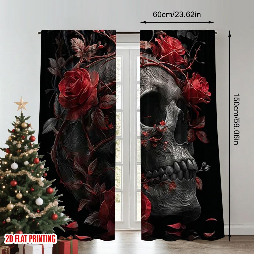 2pcs 2D flat printing Merry Christmas Curtains Skeleton Rose Art Digital Printed Polyester Drapes Festive Holiday for Bedroom