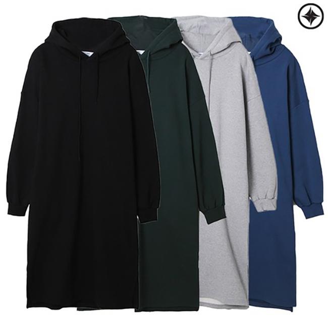 Fleece-Lined Plain Long Hoodie Black/Free gray