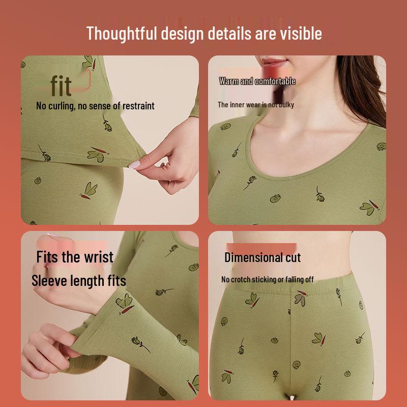 Women's Pure Cotton Cartoon Print Warm Underwear Set - Autumn/Winter Thin Base Layer Sweater & Leggings