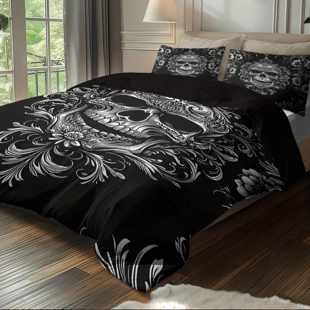 3PCS Black and White Skeleton Victorian Baroque Gothic Retro Duvet Set (1 Duvet Set+2 Pillowcases without Pillow Core)