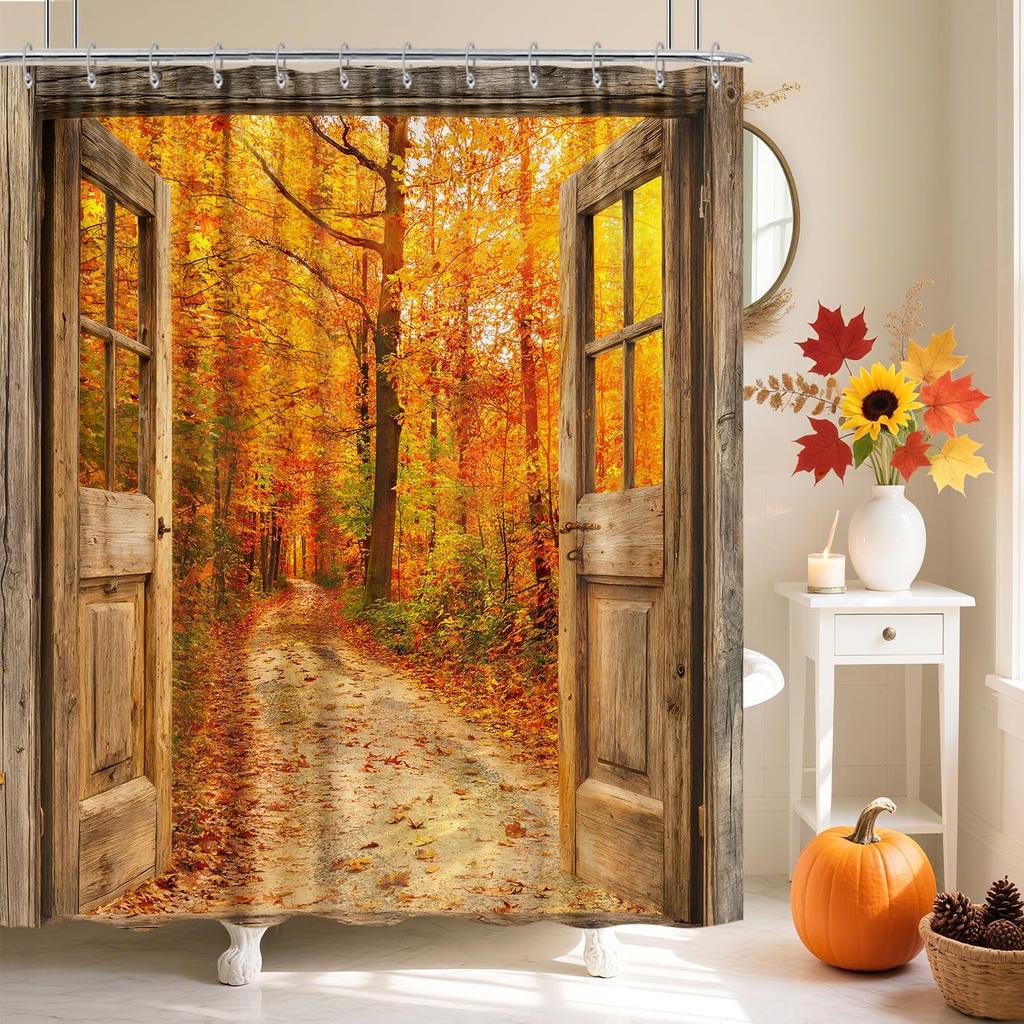 Winter Weihnachten Duschvorhang, Niedlicher Schneemann Winterwald Kiefer Szene Duschvorhang Für Badezimmer Rustikales Bauernhaus Weihnachten