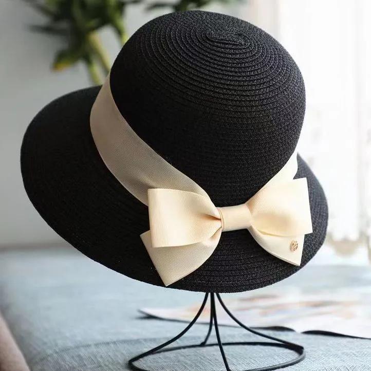 WTEMPO Double Bow Elegant Casual Foldable Summer Straw Hats Women's Solid Color Wide Brim Outdoor Beach Sunscreen Hats