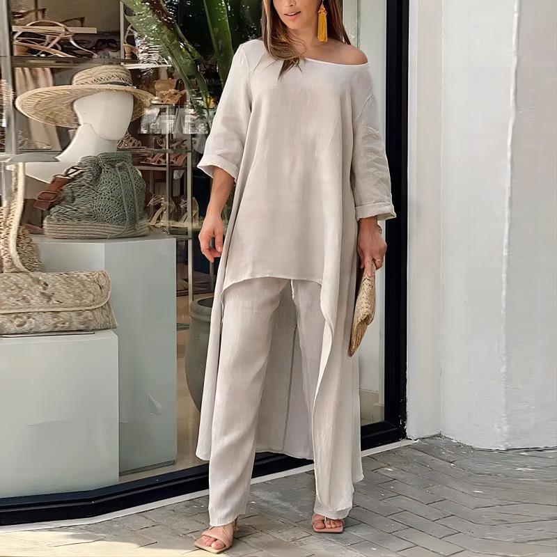 European Women's Cotton Linen Casual Plus Size Irregular Long Sleeve Top and Wide-Leg Pants Set