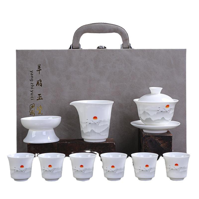 Ceramic White Suet Jade Porcelain Kung Fu Tea Set Business Company High-end Gifts