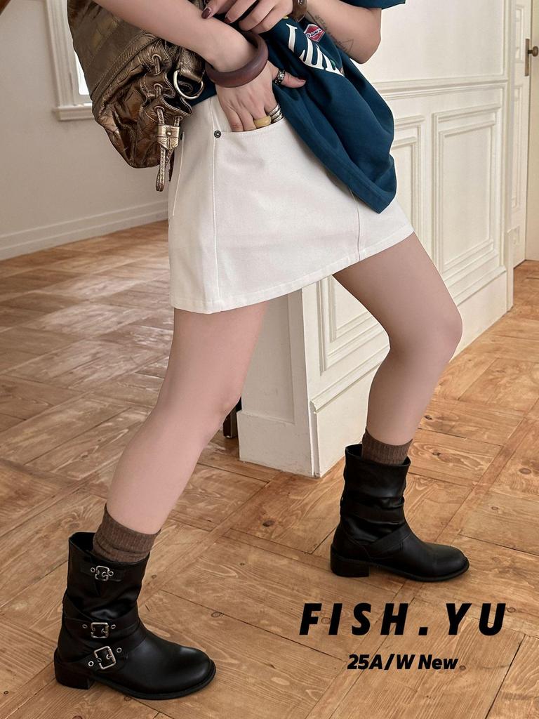 FISHYU Fall Collection Women's Casual Twill Midi Skirt with Back Pocket 25578