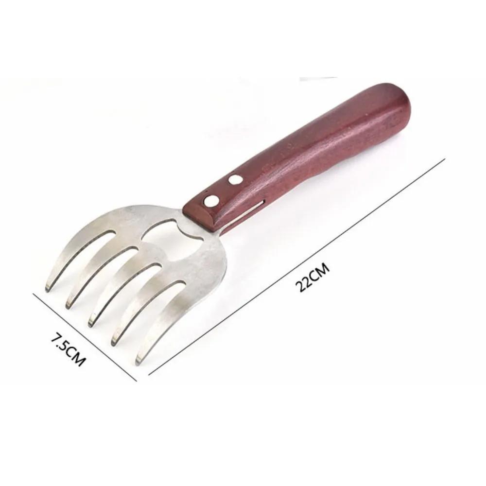 Long Handle Meat Divider Stainless Steel Bear Claw Fork Meat Remover Wooden Handle Multi-function Meat Shredder Claw Kitchen