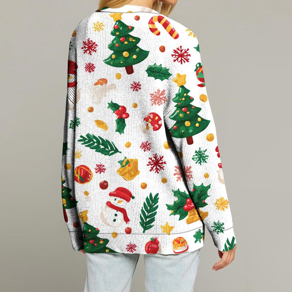 Women's Fashion Long Sleeve Print V-Neck Button Loose Cardigan Top