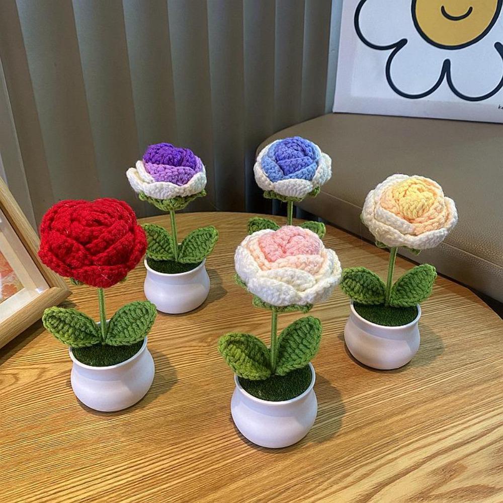 DIY Håndvevd Mini Potteblomst Rose Kontor Skrivebord Prydplanter Ulltråd Ferdig Produkt Hjemmedekorasjon
