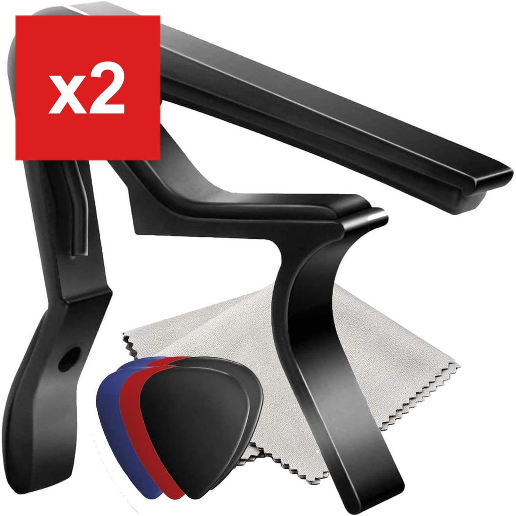 Guitar Capo, RocksoN, One-Touch with Fiber Cloth & 6 Teardrop Picks for Acoustic and Electric Guitars, Black