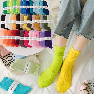 2025 Women's Colorful Dopamine Mid-Calf Dance Socks - Solid Cotton Ribbed Scrunch for All Seasons