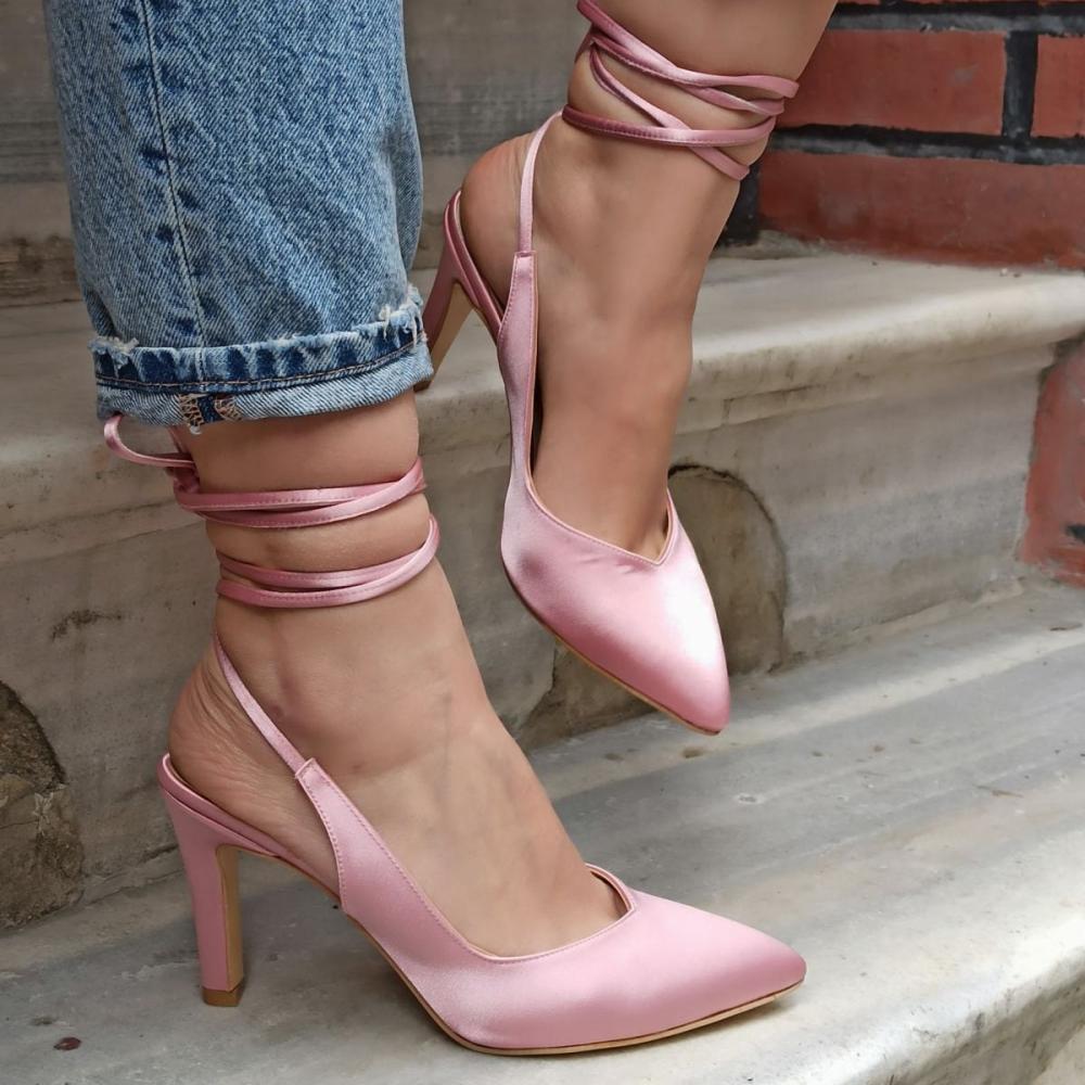 Women's Fashion Lilac Color Satin Drawstring Heeled Shoes