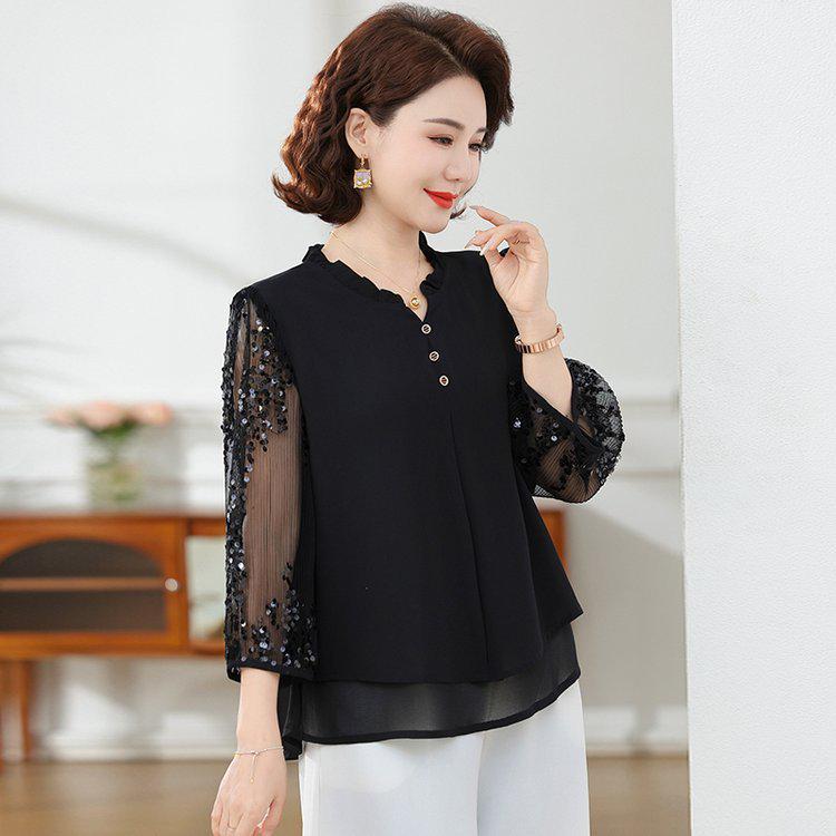 Elegant Women s Summer Chiffon Top with Lace and Three-Quarter Sleeves 3XL чёрный