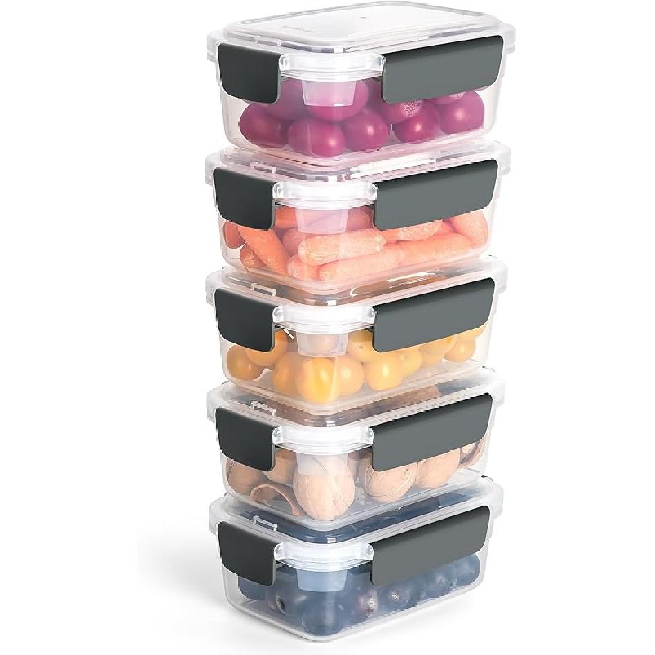 YORY 3 cup Plastic Food Storage Containers with Lids Nestable Freezer Dishwasher Safe Rectangle Container Set,5-Pack 3 cups