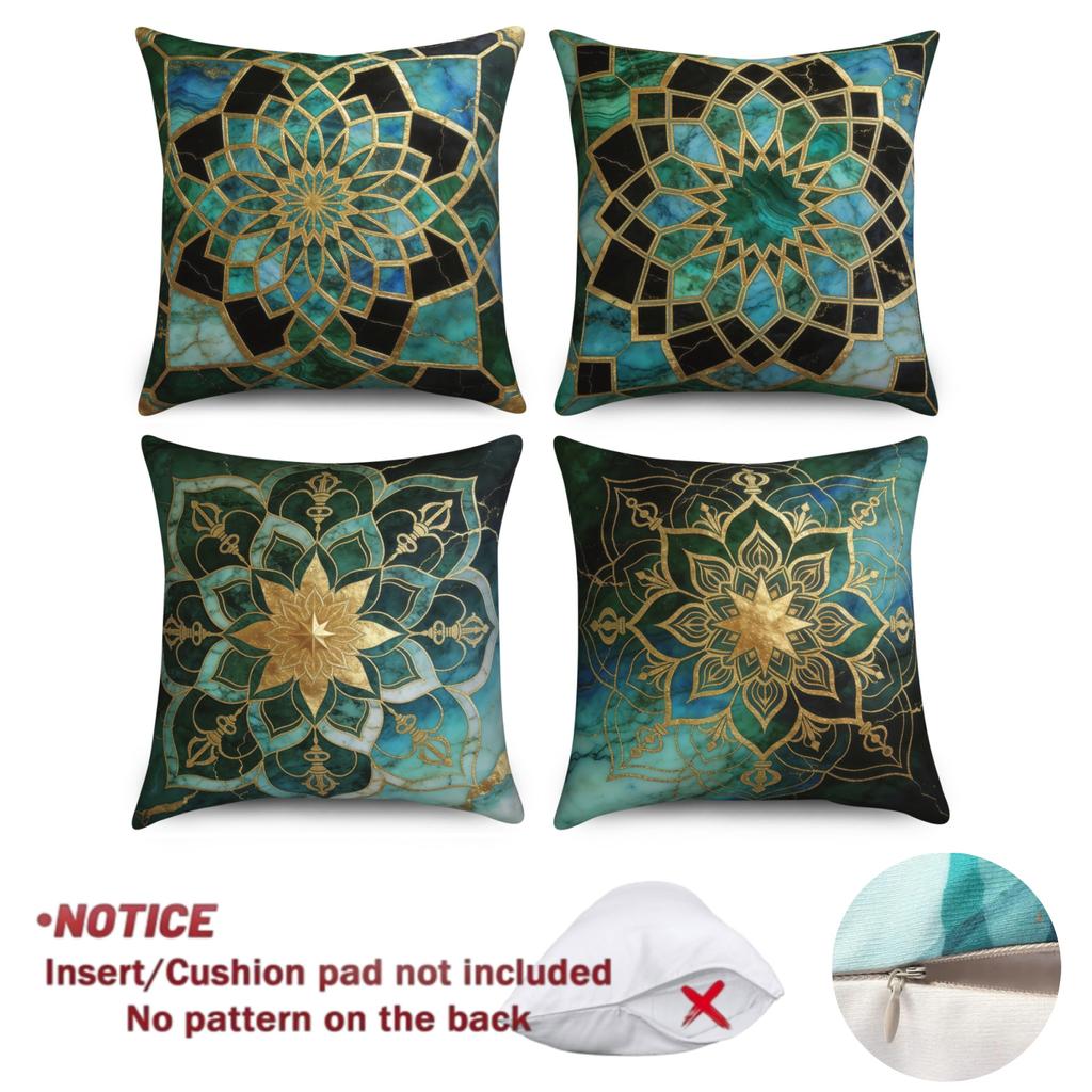 4 Stück/Set Grüne Goldene Mandala Kissenbezüge, Marokkanische Geometrische Kissenhüllen, Polyester/Leinen, Boho Luxus Heimdekoration