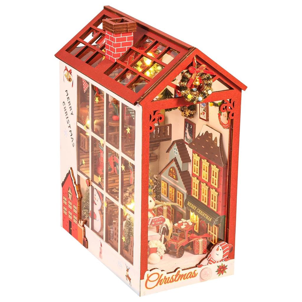 Miniature Dollhouse Christmas Wooden Puzzle Miniature House Kit with Bookshelf Music Box and Sensor Christmas 3D DIY Craft Beginner Adult Birthday