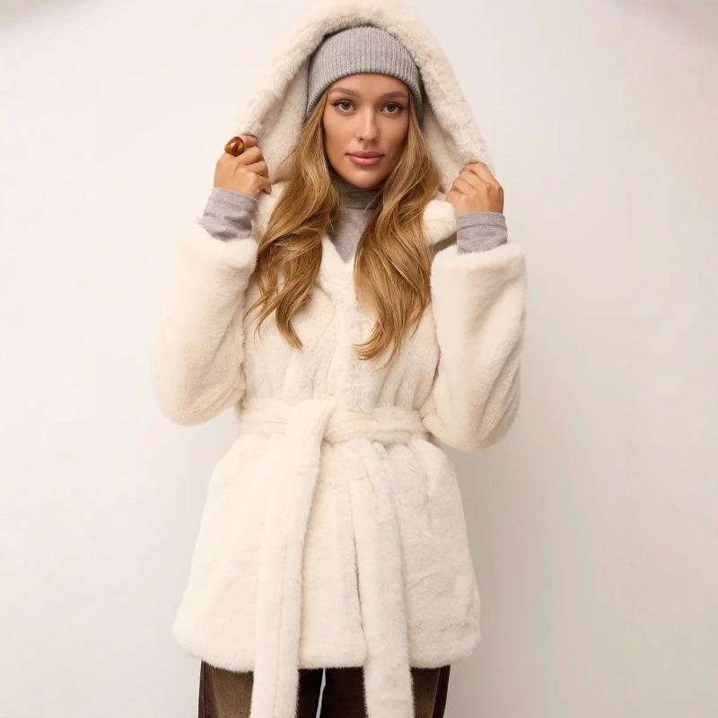 Winter imitation mink fur jacket medium and long hooded belt artificial fur environmentally friendly fur coat women