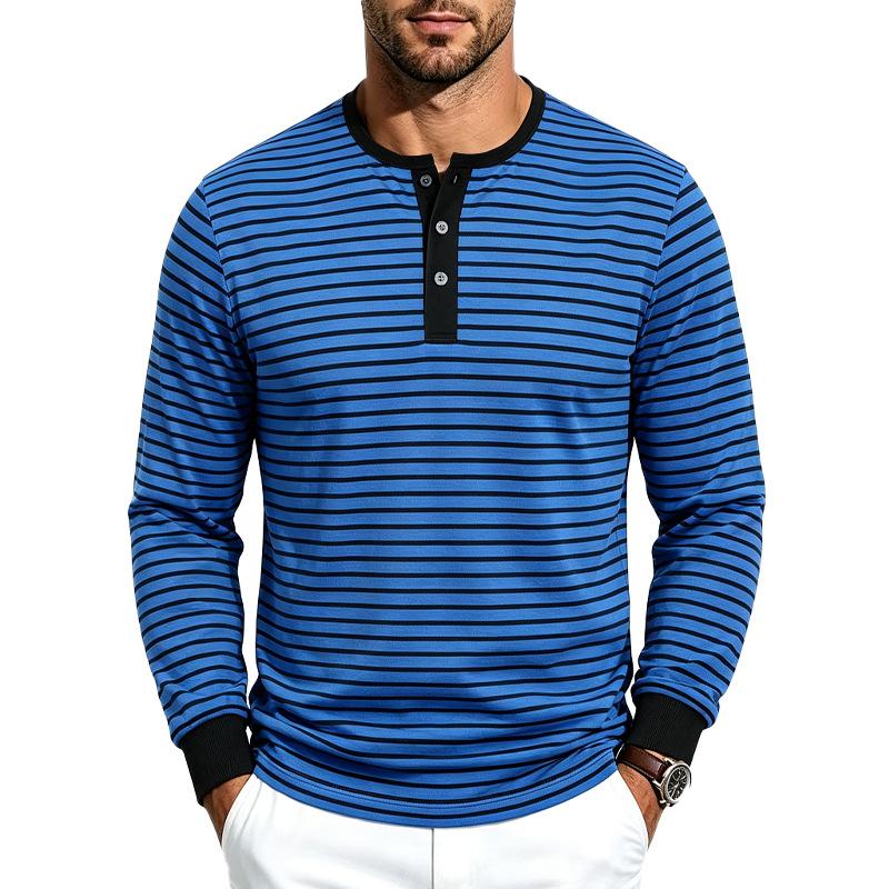 Pánské pruhované tričko Henley s dlouhým rukávem, kulatým výstřihem, zapínáním na knoflíky, ležérním volným střihem, každodenní základní topy pro muže