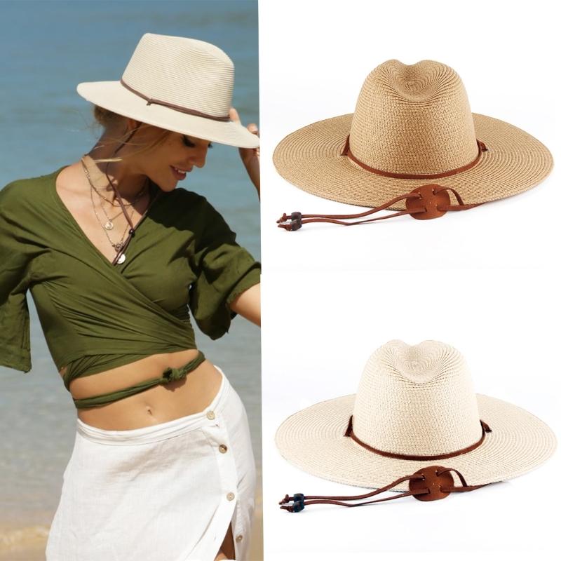 Breathable Paper Straw Panama Hat with Adjustable Chin Strap and Wide Brims Sun Protections for Women Vacation and Trip