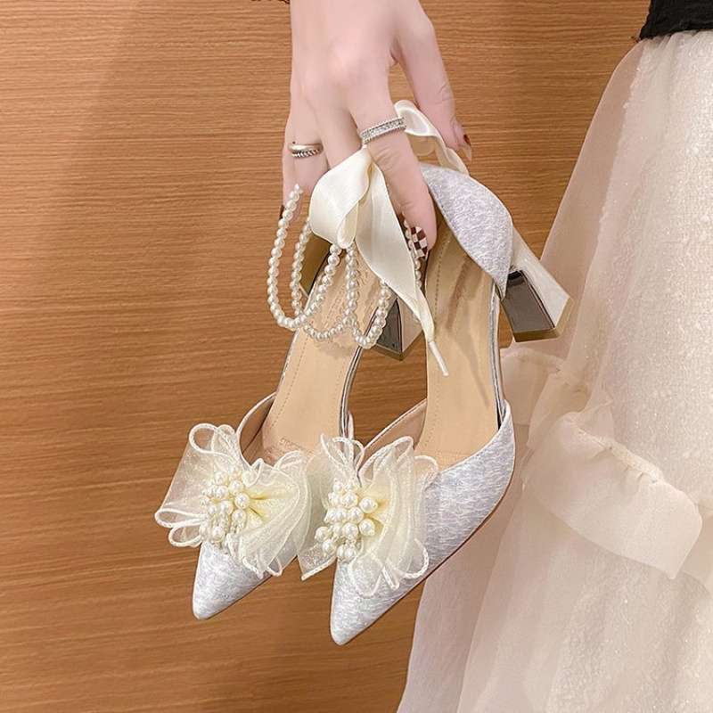 Medium heel stiletto high heels women's sandals 2025 summer new one-word buckle bow single shoes fairy style work shoes