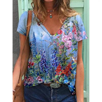 Women Summer T Shirt Multicolored Flowers Print Short Sleeve Tees Casual Printed Tops