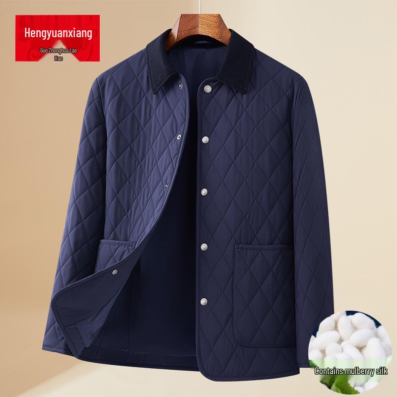 Lekka pikowana kurtka męska z wzorem rombów - Jedwab morwowy, Ciepła odzież wierzchnia na jesień/zimę.