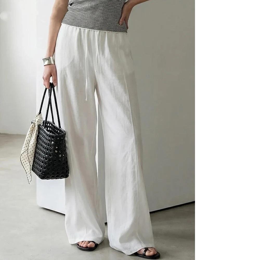 

Cotton Summer Pants for Women Wide Leg Blue Trousers with Elastic Band Straight Leg Bottoms White Women s Pants Summer Loose S білий