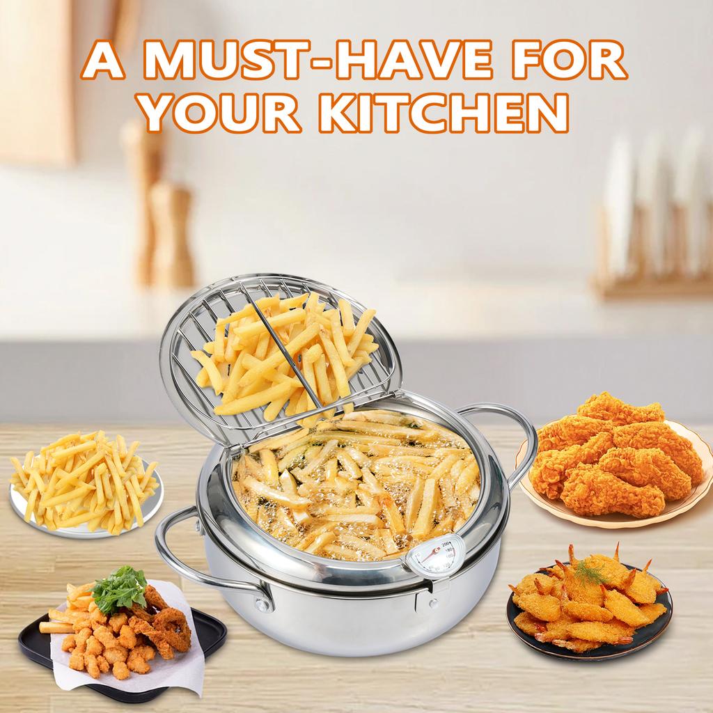 21/24/28 CM Deep Fryer Pot Stainless Steel Oil Pan with Strainer Basket and Thermometer Tempura Oil Fryer for Cooking Kitchen