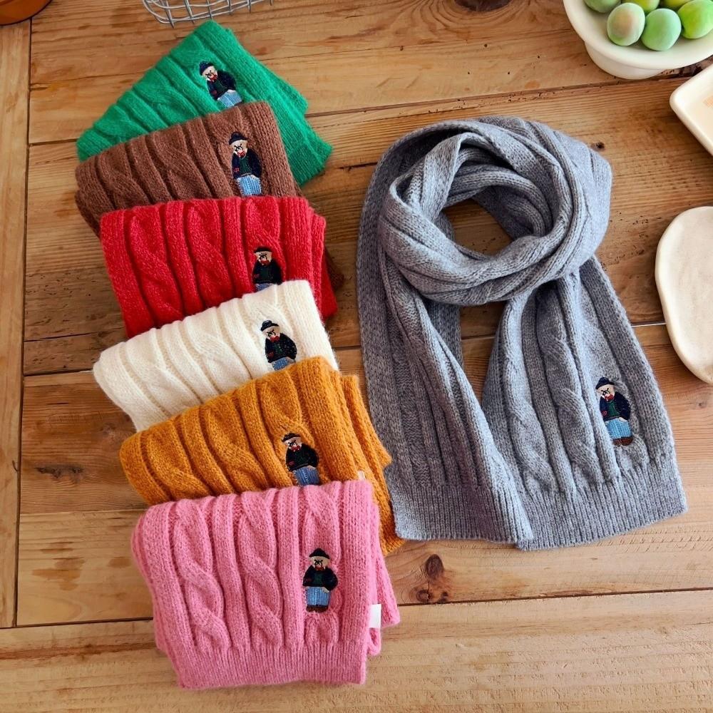 Bear Embroidery Children's Knitted Scarf Thicken Infant Neckwarmers Children's Winter Scarf Kids