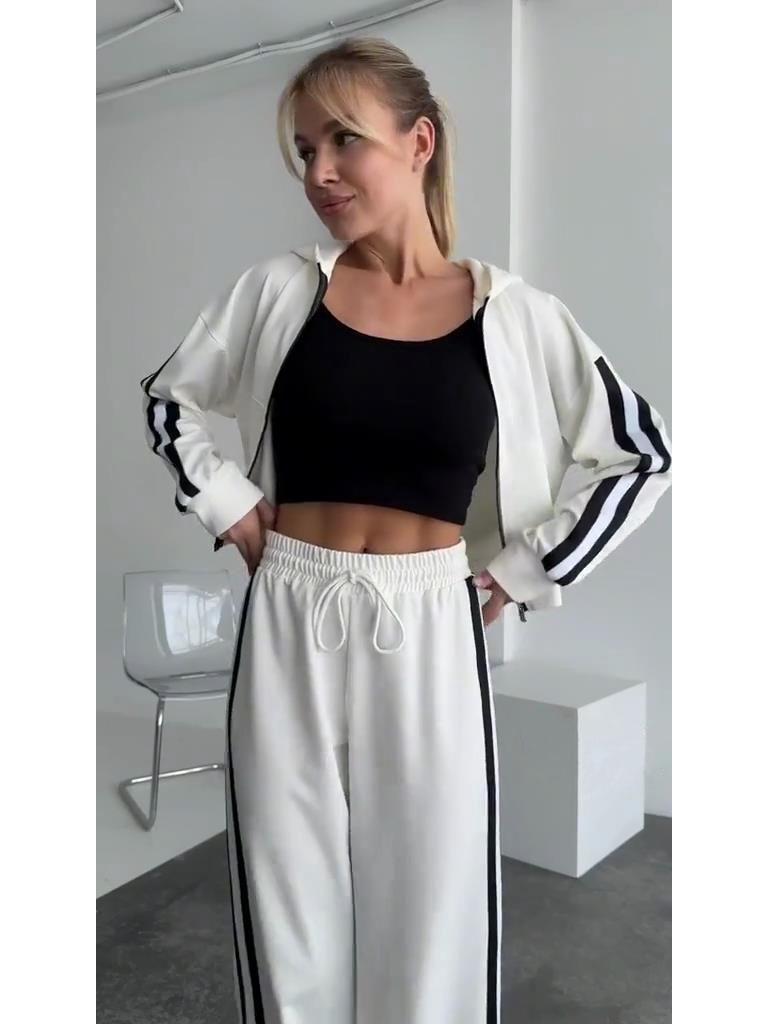 2024 Autumn/Winter Striped Patchwork Hooded Top & Zip-Up Sweatpants Set