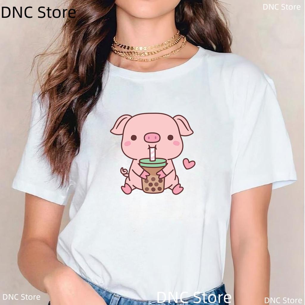 New Pink Pig Boba Tea Printed T Shirt Women Cartoon Animal T-shirt Casual Tops Bubble Tea Female Short Sleeve Streetwear Tshirt
