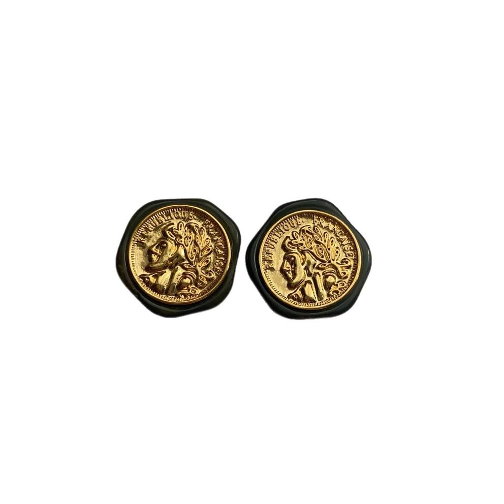 Resin Retro Metal Relief Portrait Stud Earrings Irregular Earrings Simple High-End Versatile Women'S Exquisite