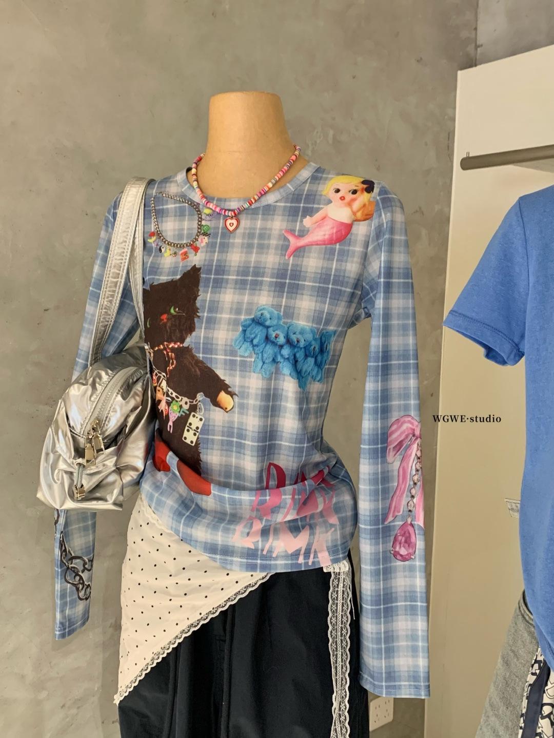 Guangzhou Thirteen Hong Women s Cartoon Print Plaid Long Sleeve T-shirt - Spring/Summer Fashion Medium