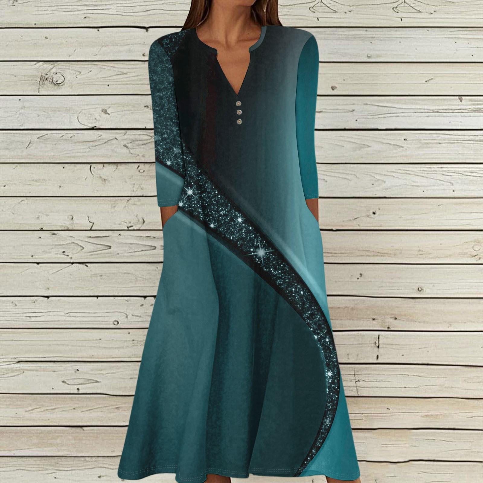 

Женское летнее повседневное платье с V-образным вырезом на пуговицах, винтажным принтом, рукавом три четверти, длинное, с карманами XXL