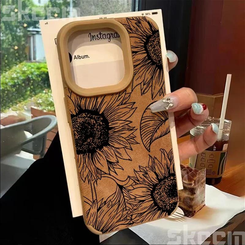 Line Flower Sunflower Bonded Leather Phone Case For iPhone 16 15 14 13 12 11 Pro XS Max XR X 15 Plus 16 Pro Max Matte Back Cover