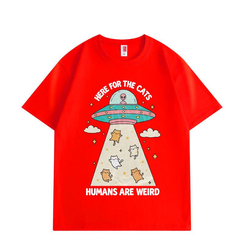 Funny Here for The Cats Humans Are Weird T-shirt Fashion Vintage Short Sleeve T-shirts Men Women Loose Cotton T Shirts