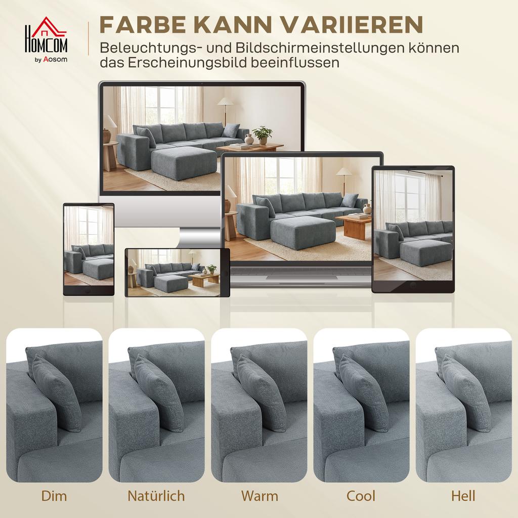Modulares Ecksofa, U-förmiges Sofa mit breiter und tiefer Sitzfläche, 2 Hocker, Dunkelgrau