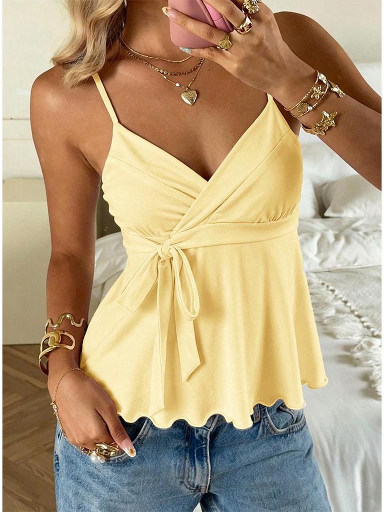 2026 V-Neck Waist-Cinching Ruffled Camisole for Women - European/American Style, Slimming Sleeveless Top