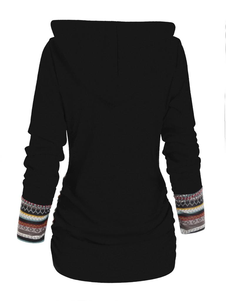 Tribal Geometric Stripe Splicing Hooded Knitted Long Sleeve Button Top Casual Ethnic Sweater Women