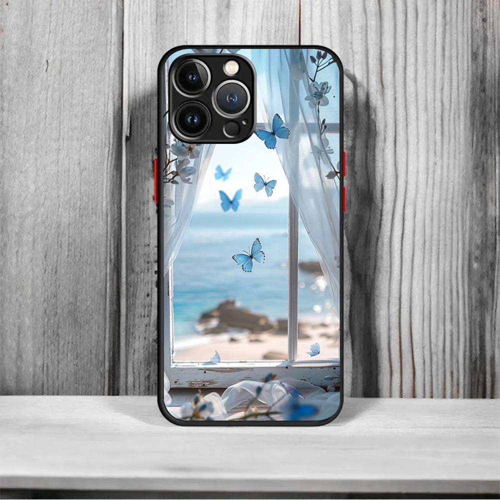 Blue Butterfly Ocean Waves Shockproof Matte Phone Case For IPhone 16 15 14 13 12 11 Pro Max X XR XS MAX Mini