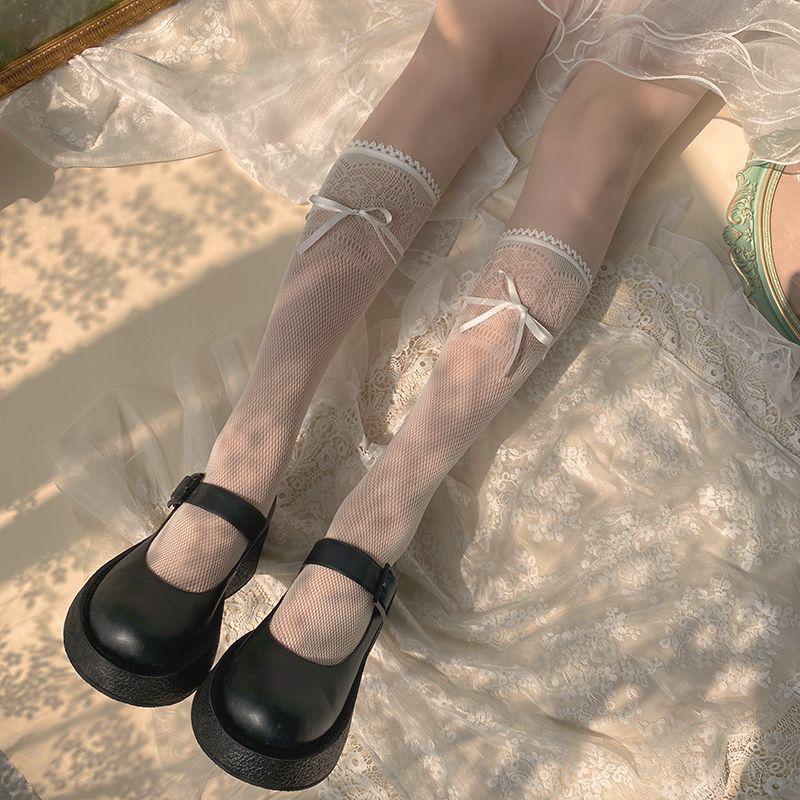 

Сладкие белые гольфы в японском стиле для женщин, тонкие прозрачные гольфы для весны-лета, гольфы до колена с кружевной отделкой, черные присборенные гольфы белый