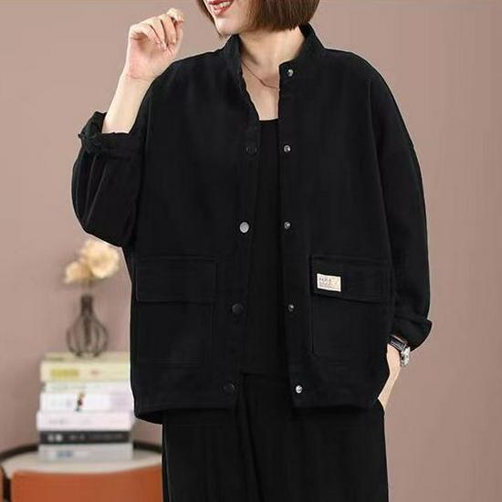 Damejakke i ren bomullsfleece med fôr - Plussstørrelse, Høst/Vinter, Casual løs passform, Kort cardigan, Ståkrage, Baseballstil.