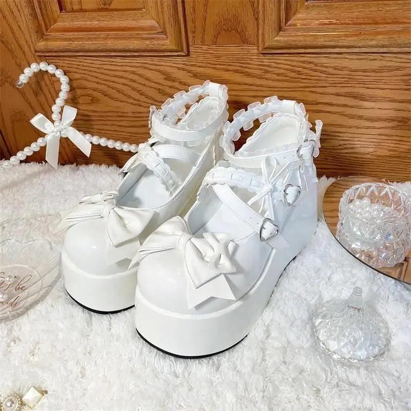 Kawaii Lace Bowknot White Lolita Shoes Women Heart Buckle Platform Mary Janes Woman Japanese Style Patent Leather Jk Shoes