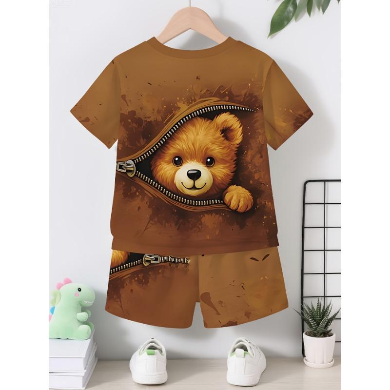 

New Summer 2pcs Set for Boys: Casual Sports Fashion Featuring a Zipper And Adorable Bear Print on a Round Neck T-Shirt And Shorts, for Outdoor 100