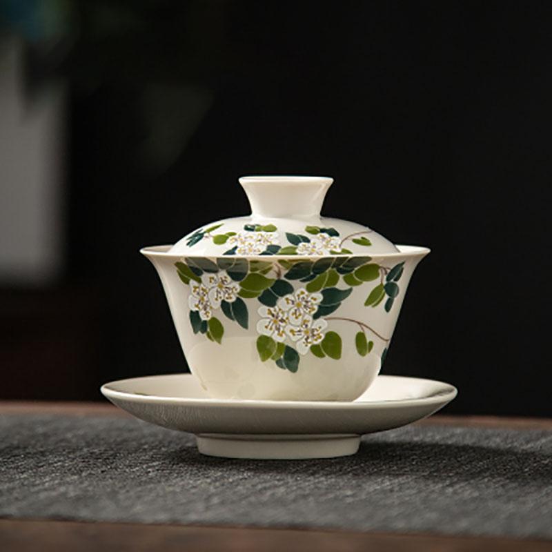 Ceramic Handmade Kung Fu Zen Gaiwan, Creative Hand-painted Chrysanthemum Tea Set, Office Tea Bowl with Saucer, Drinkware
