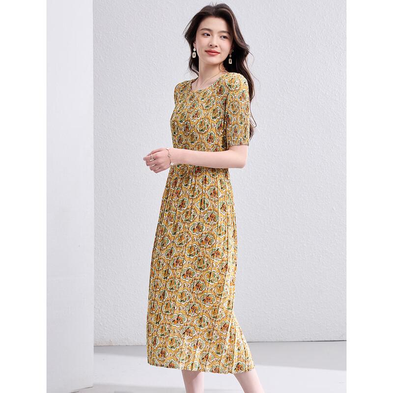 Oudif Women s Floral Print Pleated Short-Sleeve Maxi Dress 2XL жёлтый