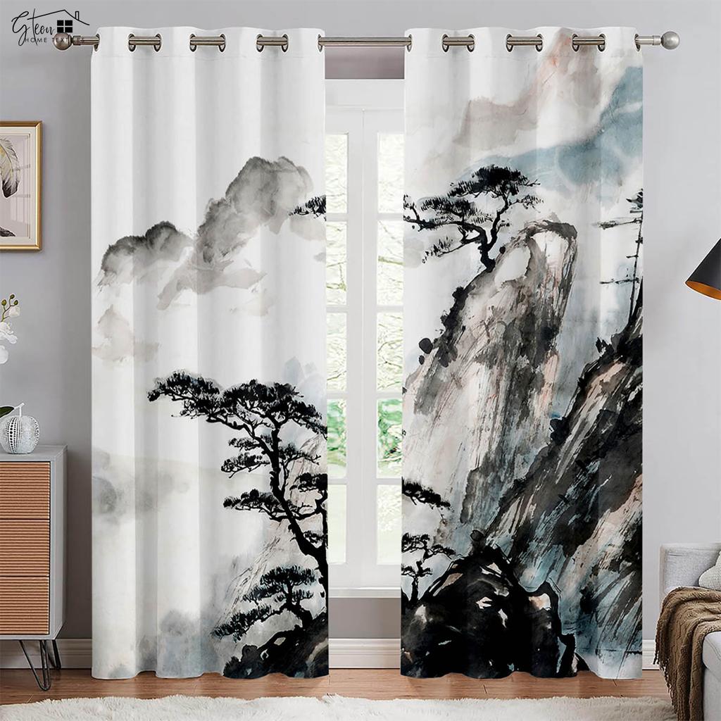 Chińskie Malarstwo Pejzażowe Drukowane w 3D Zasłony Malarstwo Tuszem Góry i Chmury Kwiat Śliwy Kwiat Brzoskwini Klasyczne Zasłony