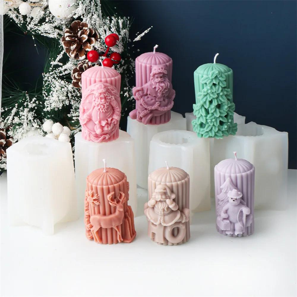 DIY Santa Claus Reindeer Cylindrical Candle Silicone Mold Hat Bear Christmas Tree Relief Cylindrical Candle Mold Christmas Gift