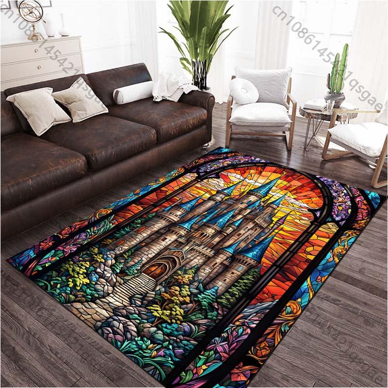 1PC Glass Window Castle Printed Carpet for Living Room Bedroom Bedside Bathroom Floor Mat Area Rugged Sofa Mat Home Decor