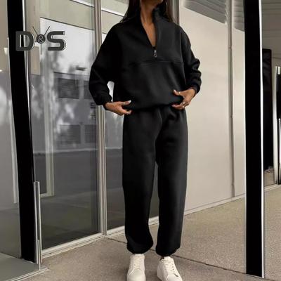2 Pcs/Set Women Top Pants Set Half Zipper High Collar Long Sleeve Thickened Sweatshirt Stretchy Waist Ankle-banded Trousers Sport Fitness Tracksuit