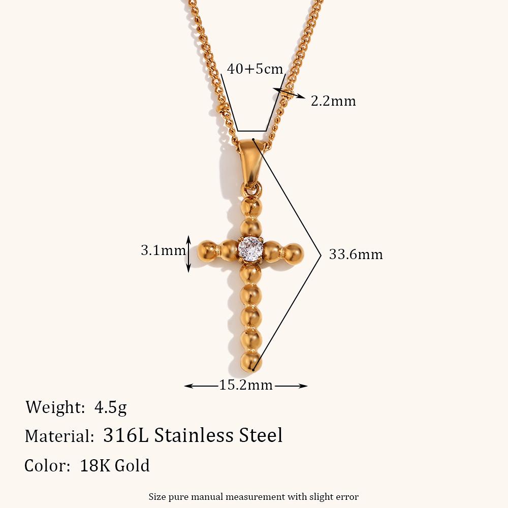 18K Gold Plated Cross Pendant Necklace with Zirconia Beads for Women